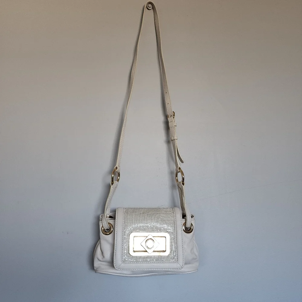 Oroton Cream Small Bag Long Strap Gold Leather Glomesh Couch Crossbody - Picture 2 of 10